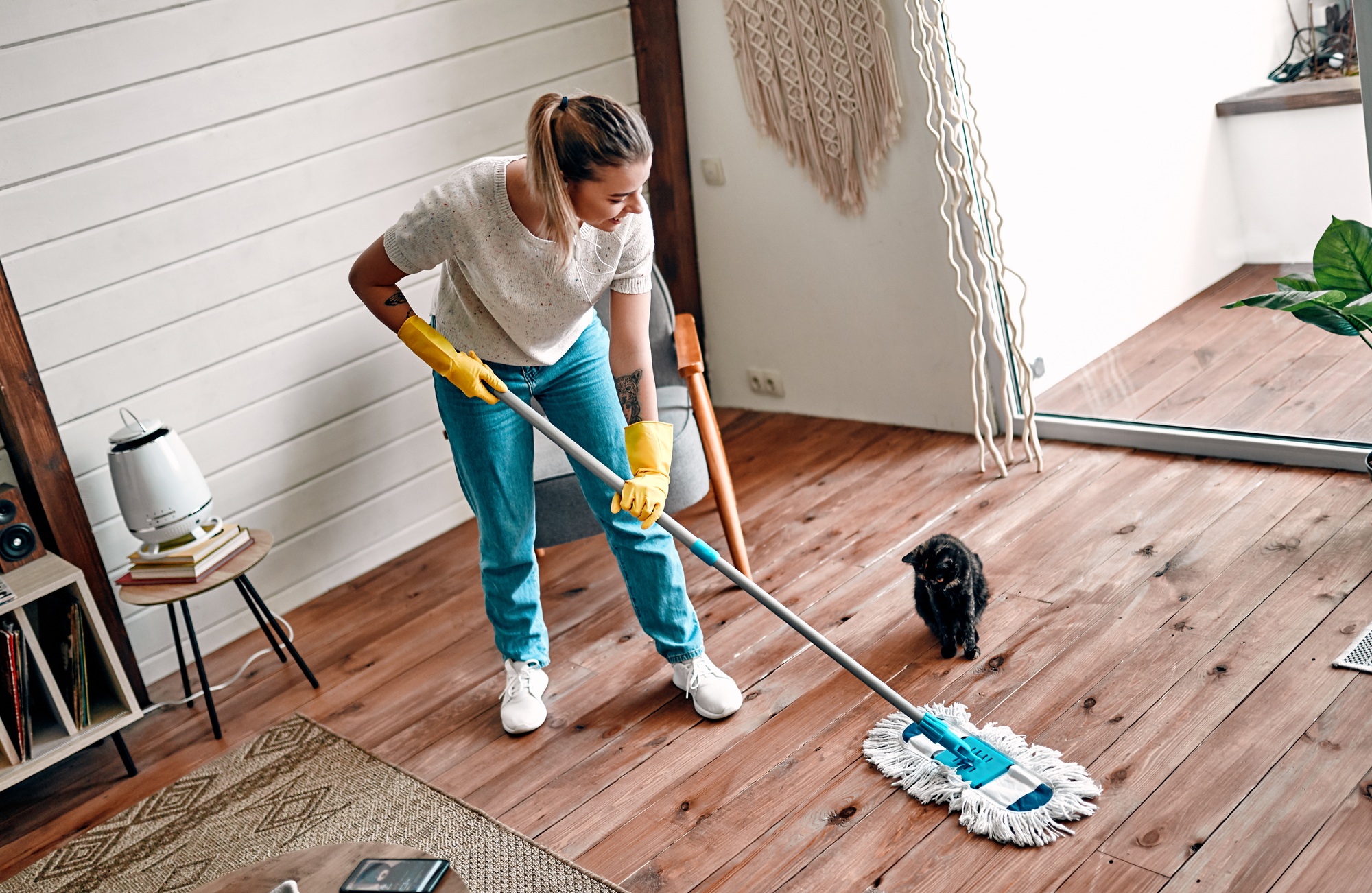 Woman doing house cleaning.